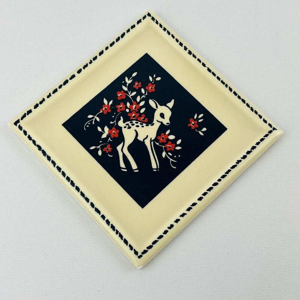 Vintage Kemptone Deer Tile‎ Set of 2 Ivory Blue Pink Flowers 4x4 Original Box